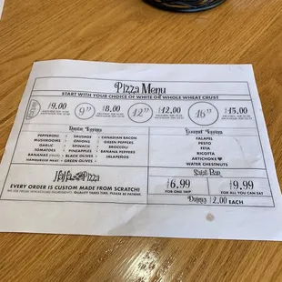 pizza menu on a table