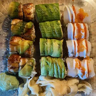 takeout: dragon roll (left) caterpillar roll (middle), lazy roll (right)