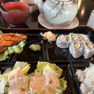 Salmon teriyaki with California roll.