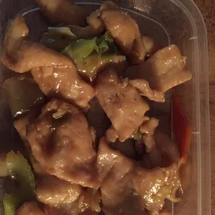 Meat product in stir fry, advertised as chicken.