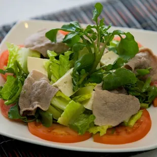Fresh Local Watercress Salad Served with Beef, Tofu, Tomatoes, and Romaine Lettuce