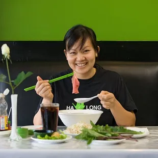 Janice enjoying her Beef Combination Pho