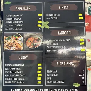 the menu for the restaurant