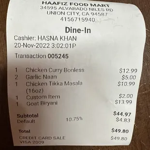 a receipt for dinner