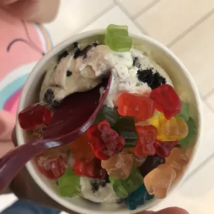 Cookies and Cream Ice Cream with gummy bear topping