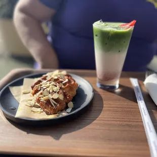 Honey almond croffle and strawberry matcha