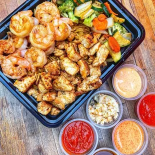 Chicken &amp; Shrimp, veggies with noodles. Amazing!