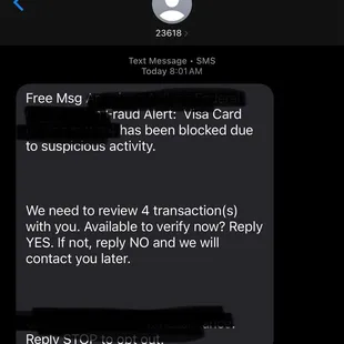 Fraud alert to phone for 4 transactions!!