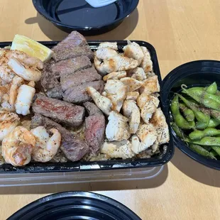 Steak, chicken &amp; shrimp with fried rice combo platter