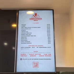 a menu on the wall