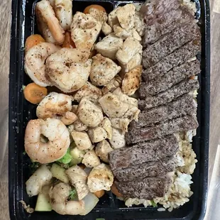 steak, shrimp, and vegetables