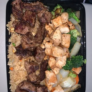 Fillet mignon, chicken vegetables, and fried rice