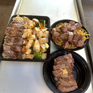 NY STEAK AND CHICKEN PLATE WITH FRIED RICE, NY STEAK BOWL WITH GARLIC NOODLES.