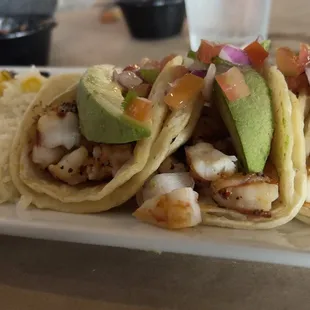 Shrimp tacos with cilantro lime rice and black beans