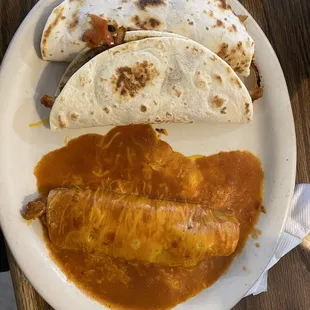 Chicken fajita tacos and enchilada