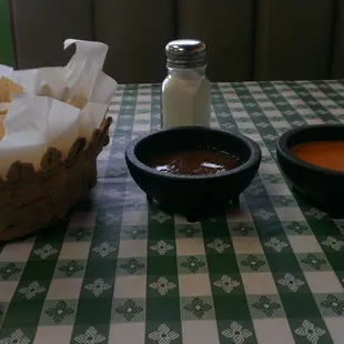 Spicy and mild salsas--both excellent!!