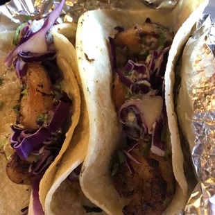 Shrimp baha tacos. 3 shrimp in each taco. Cabbage. And jalapeño ranch.