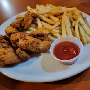 a plate of fried chicken and french fries