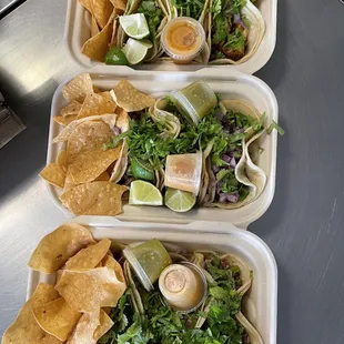 Street style tacos: Carnitas, Asada, and Pollo.