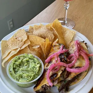 Quesabirria with chips and guac (cocktail not included - that was homemade