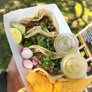 Top Taco- chicken, Middle Taco - Carne Asada, Bottom - Barbacoa
