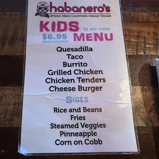 Kids menu