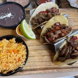 Norteno tacos with rice and beans.