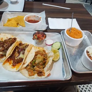 Street Tacos with Mexican Rice and Refried Beans
