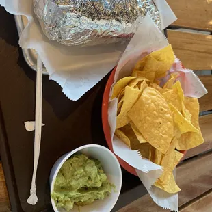 Burrito, chips, guacamole
