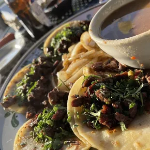 Mexico&apos;s Street Tacos - Beef Fajita. Grilled onions and beans on the side!