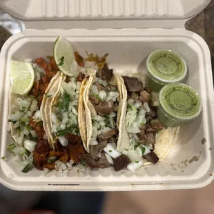 4 street tacos: adobada (left) + asada (right)