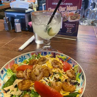 Grilled shrimp salad and skinny margarita