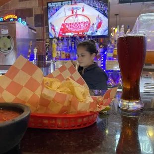 Icy cold Modelo and fresh made chips with salsa and we ordered a side of large queso