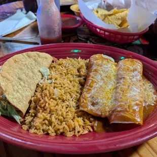 2 chicken enchiladas and 1 chicken taco. 14.50