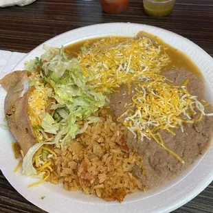 shredded beef taco and chicken enchiladas