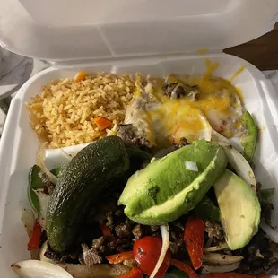 Steak fajitas, rice, beans, avocado (came with tortillas)