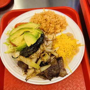 Carne with rice, beans, avocado and chiles toreados
