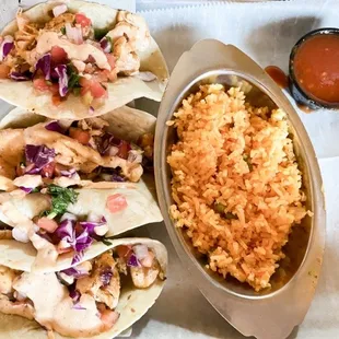 Salmon tacos with Mexican rice