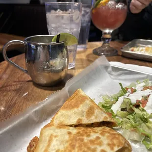 Chicken Quesadilla and Agave Mule