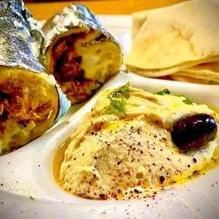 Chicken shawarma wrap and hummus
