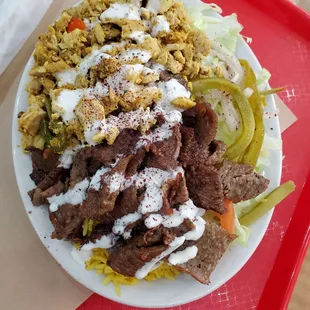 Combo plate with gyro and shredded chicken