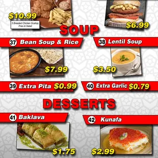 Scallop , soup , desserts, drinks