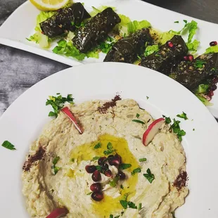 Baba Ghanoush and stuffed grape leaves