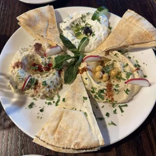 Triple Dip.  Hummus, babaganoush, tzatziki with pita
