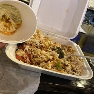 Chicken dish and hummus from pick up.