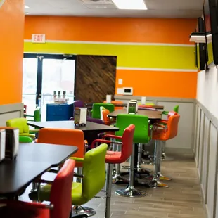 colorful chairs and tables