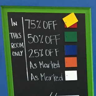 Our new color-coded discount system is based on how long an item has been in the store. Just match the price tag color!