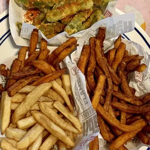Spicy Green Beans (red pepper sauce drizzle, togarashi spice), Sweet Potato Fries, Sweet Potato Fries &amp; Fries (clockwise); IG: @katzlundell