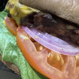 Up close on the DELICIOUS veggie cheese burger!!