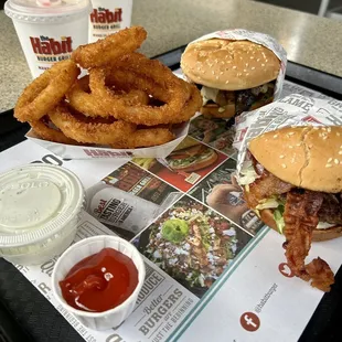 Portabella mushroom cheeseburger, Char bacon burger and onion rings with Ranch dressing.